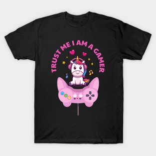 Trust Me I Am A Gamer - Light Pink Unicorn Design With Controller T-Shirt